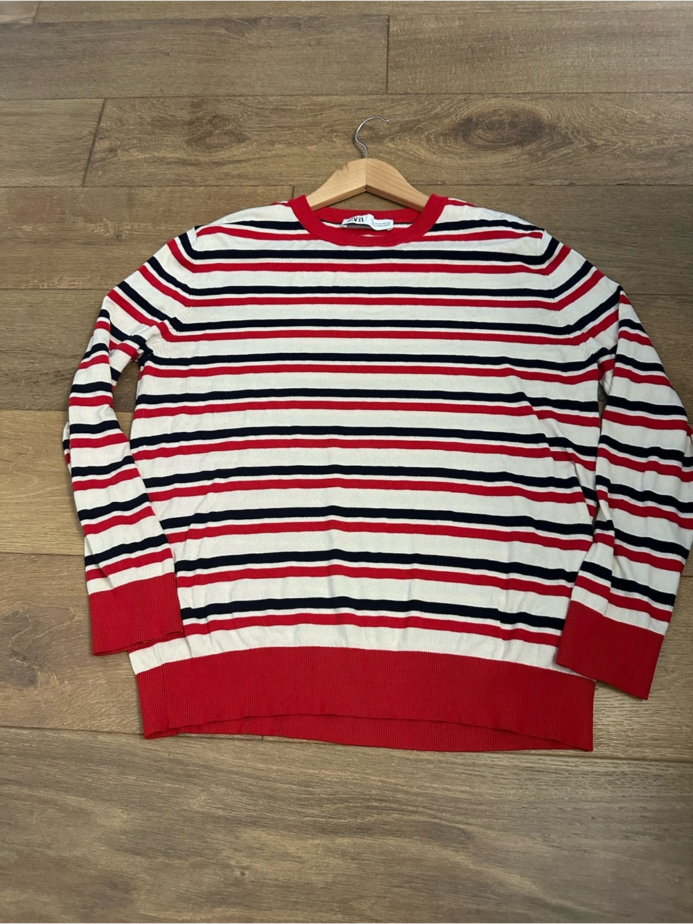 Zara Red, White & Navy Striped Crewneck Sweater